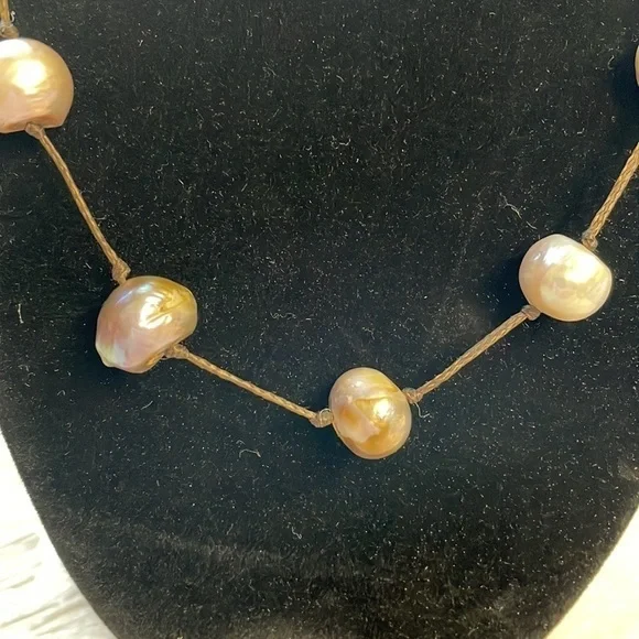 Leather & Man Made Pearl Necklace - Picture 5 of 6